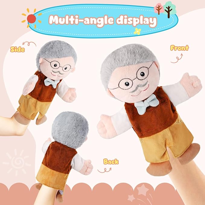 1 Pcs Family Hand Puppets 12 Inch Grandparents, Mom & Dad, Brother & Sister Plush Hand Puppet Toys Role-Play Toy Puppets for Kids Storytelling Imaginative Pretend Play Teaching Preschool(Grandpa A)