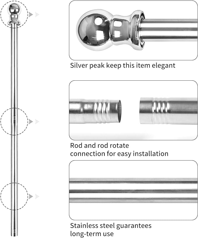 Quarut House Flag Pole Kit,Including 6Ft Stainless Steel Flag Pole,Heavy Duty Nylon 3x5 Ft American Flag,Aluminum Alloy Rings and Bracket.Wall Mounted Flagpole Set for Residential Commercial（Silvery）