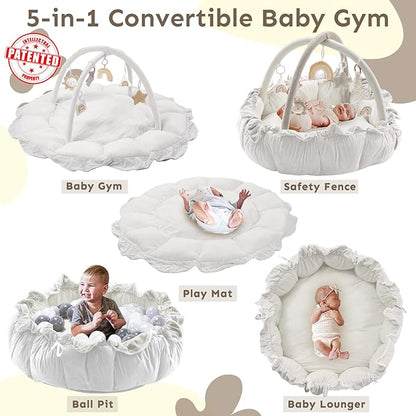 5-in-1 Thick & Plush Baby Play Gym, Play Mats for Floor, Tummy Time Mat with 6 Toys, Cat and Dog Bed, Convertible Stage-Based Developmental forToddler, Ball Pit, Pet Cushion, Cloudico