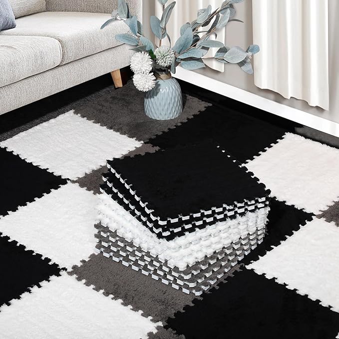 12 Pcs Plush Interlocking Carpet Tiles, Non-Toxic Foam Carpet Tiles for Toddler Baby, Machine-Washable, Anti-Slip, EVA Foam Interlocking Tiles for Floor, Nursery, Playroom, Grey White Black