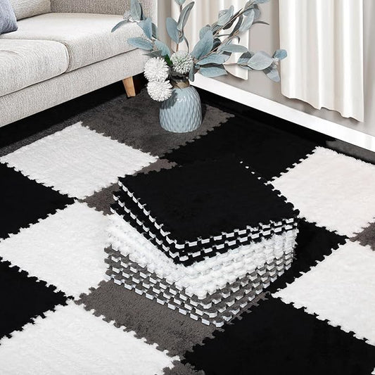 12 Pcs Plush Interlocking Carpet Tiles, Non-Toxic Foam Carpet Tiles for Toddler Baby, Machine-Washable, Anti-Slip, EVA Foam Interlocking Tiles for Floor, Nursery, Playroom, Grey White Black
