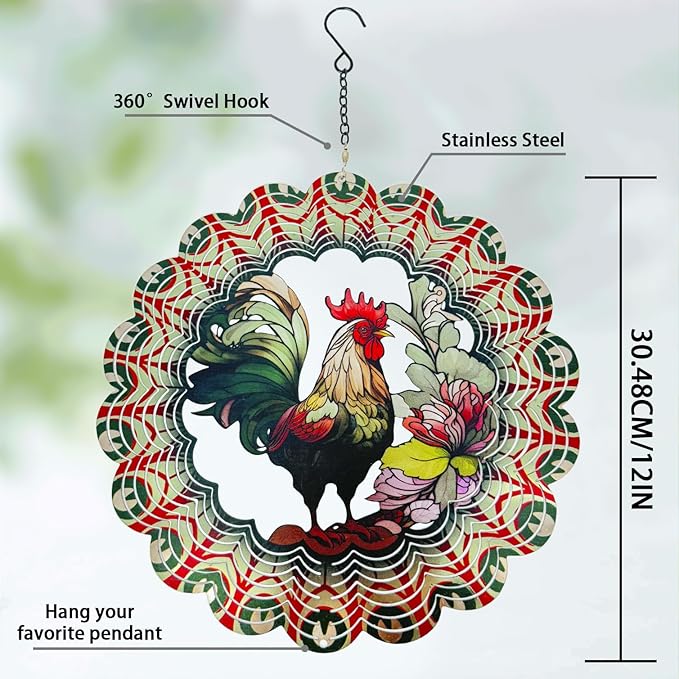 Rooster Metal Wind Spinners - Gifts for Women Mom Grandma Wife, 12 inch 3D Indoor Outdoor Garden Decoration Crafts Cock Wind Spinner, Unique Outdoor Ornament-Suitable As a Creative Gift