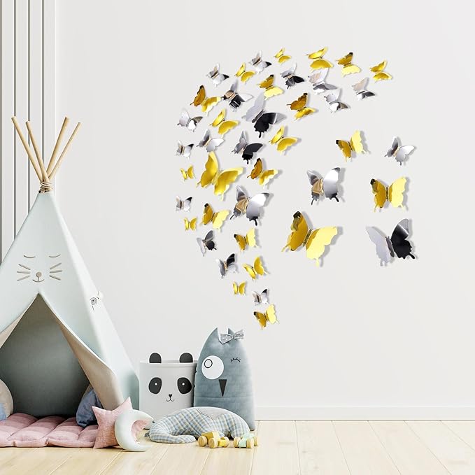 BBTO 48 Pieces Butterfly Wall Decor DIY Mirror 3D Butterfly Stickers Removable Decals for Home Bedroom School Bathroom Living Room Decor(Gold,Silver)