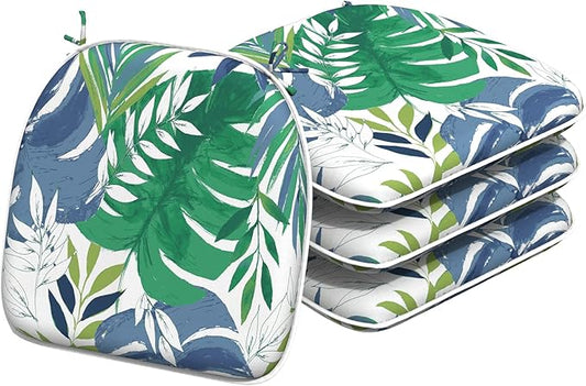 Indoor/Outdoor Chair Cushions 16x17 Inch, Patio Chair Cushions with Ties, All Weather Seat Cushions for Patio Furniture Home Garden Chair Use, Set of 4, Islamorada Blue Green