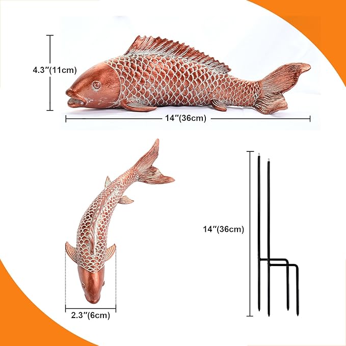 Koi Fish Decor Garden Sculptures & Statues, Outdoor Antique Copper Fish Statues Pond Zen Garden Decor Patio Backyard Lawn Porch Yard Art Decoration, Best Gift for Mother's Day, Set of 2, Large