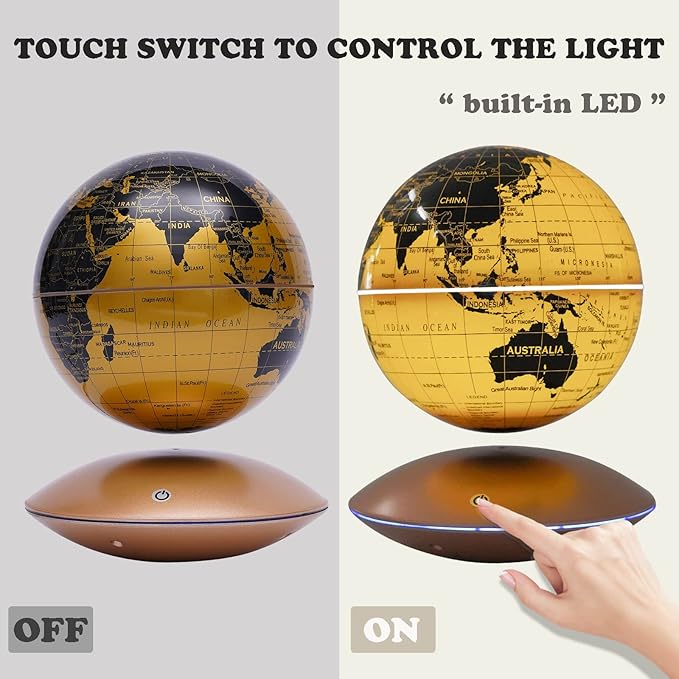 6" Magnetic Levitation Floating Globe Anti Gravity Rotating World Map with LED Light 7 Colors Display Floating Globe for Children Educational Gift Home Office Desk Decor (Gold)
