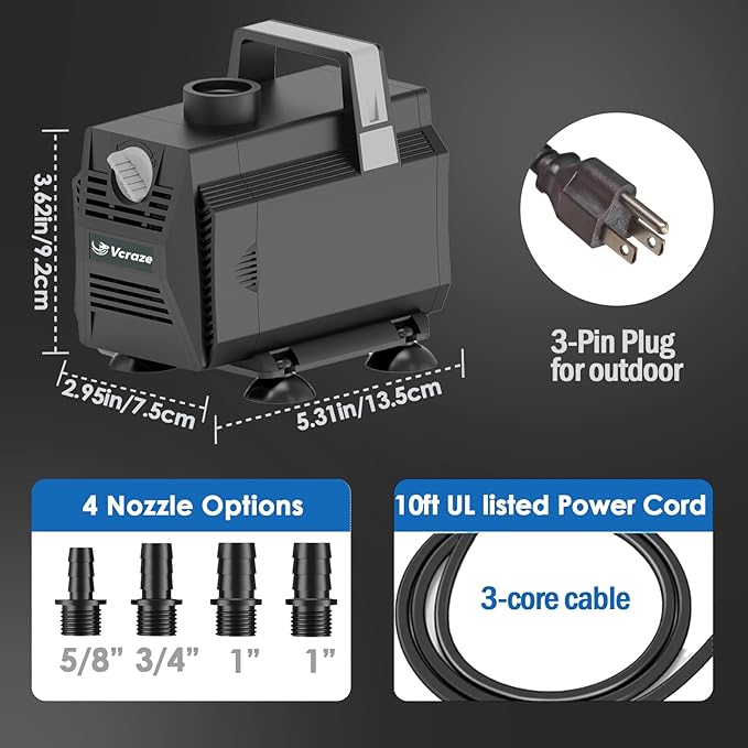 Submersible Water Pump 600GPH/35W Fountain Pumps with Flow Control, Pond Pump Submersible Outdoor with 10ft 3-Core Power cable for Hydroponics, Aquarium, Waterfall, Statuary, Water feature
