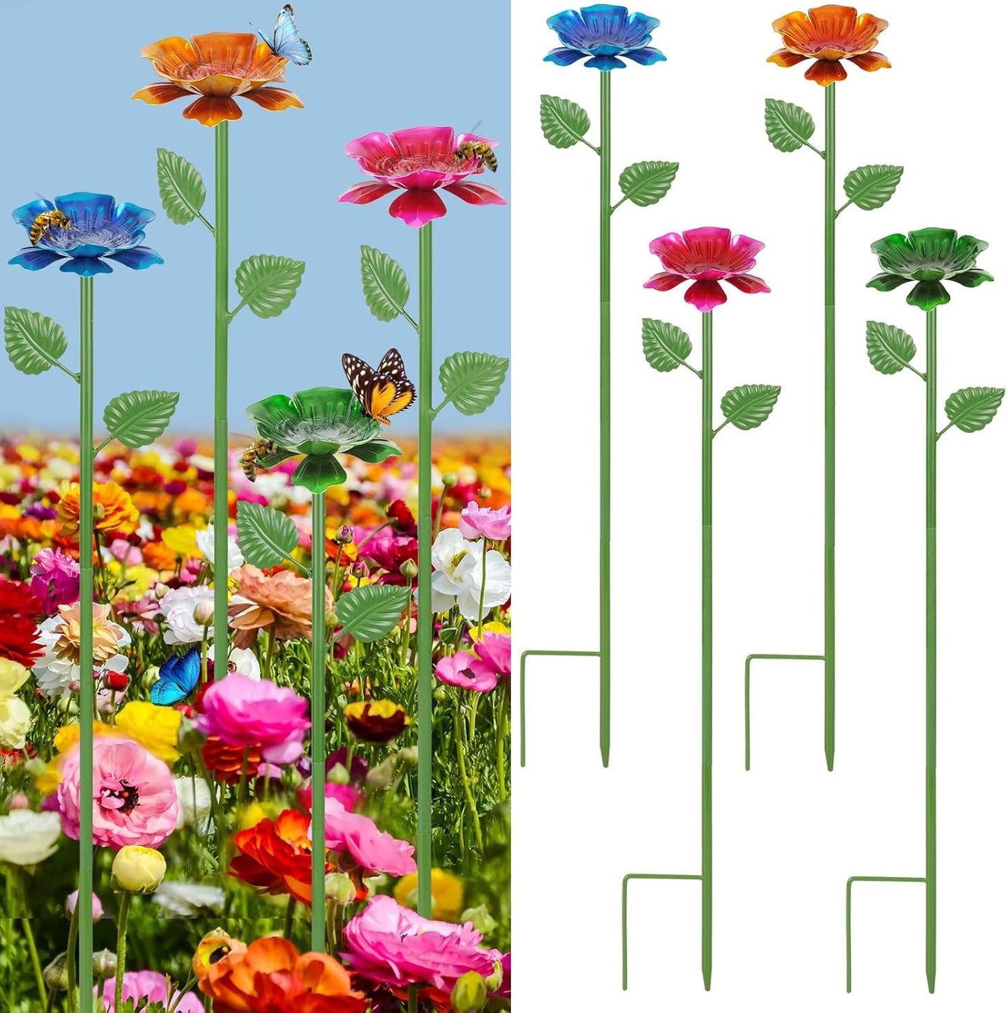 4 Pack Bee Watering Station - Flowers Butterfly Feeder, Bee Water Feeders for Outside, Metal Garden Decor, Bee Baths for Garden Yard Patio (Blue,Yellow,Red,Green)