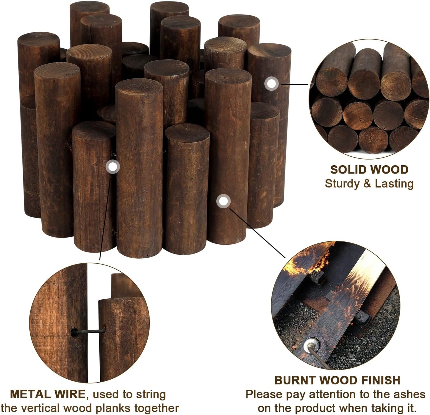 Worth Garden Log Rolls Edging - Wooden Short Fence Border - 6.5 in. H x 47 in. L Burnt Wood Finish Outdoor Garden Lawn Landscape Edging Flexible Decorative Heavy-Duty Tree Fence Border