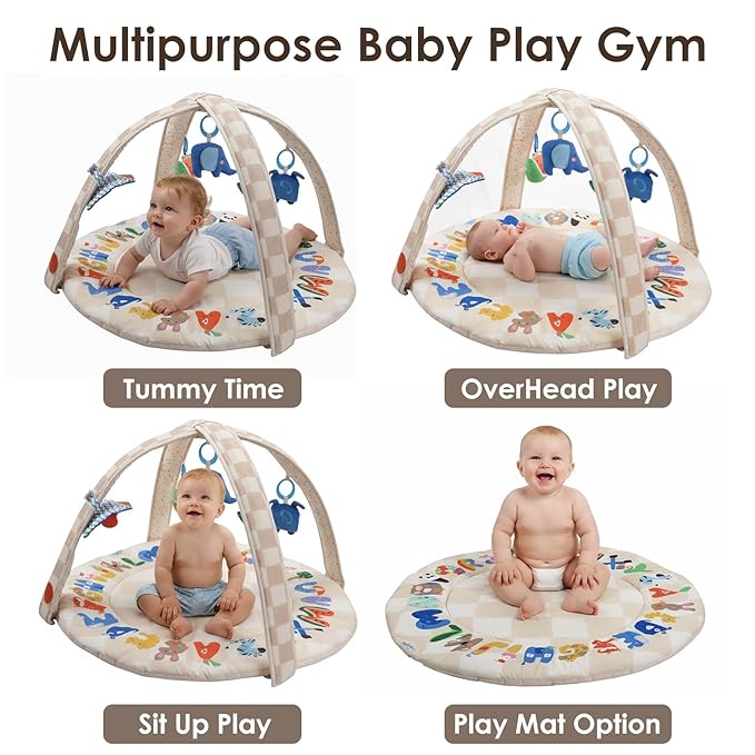 Baby Play Gym & Activity Mat with Light-up Musical Arch, Tummy Time Mat with 6 Detachable Sensory Toys for Motor Skills & Sensory Development, Baby Essentials Shower Gift - ABC123