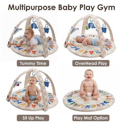 Baby Play Gym & Activity Mat with Light-up Musical Arch, Tummy Time Mat with 6 Detachable Sensory Toys for Motor Skills & Sensory Development, Baby Essentials Shower Gift - ABC123