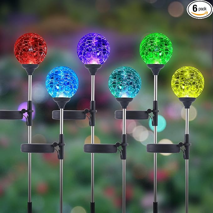 WNP Solar Outdoor Lights,Color-Changing Solar Garden Glass Globe Lights,6 Pack Decorative Solar Powered Stake Ball Light for Yard,Waterproof Decor Solar Pathway Lights for Christmas Decoration