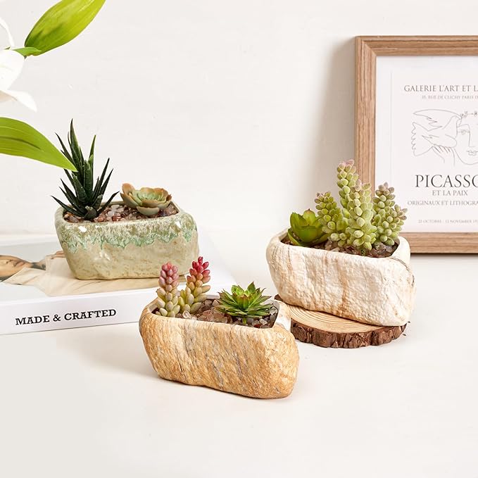 T4U 5.5 Inch Ceramic Succulent Pot Planter with Drainage Hole Set of 3, Stone Shape Rectangle Window Box Cactus Plant Containers Gift for Mom Sister Best for Home Office Table Desk Decoration