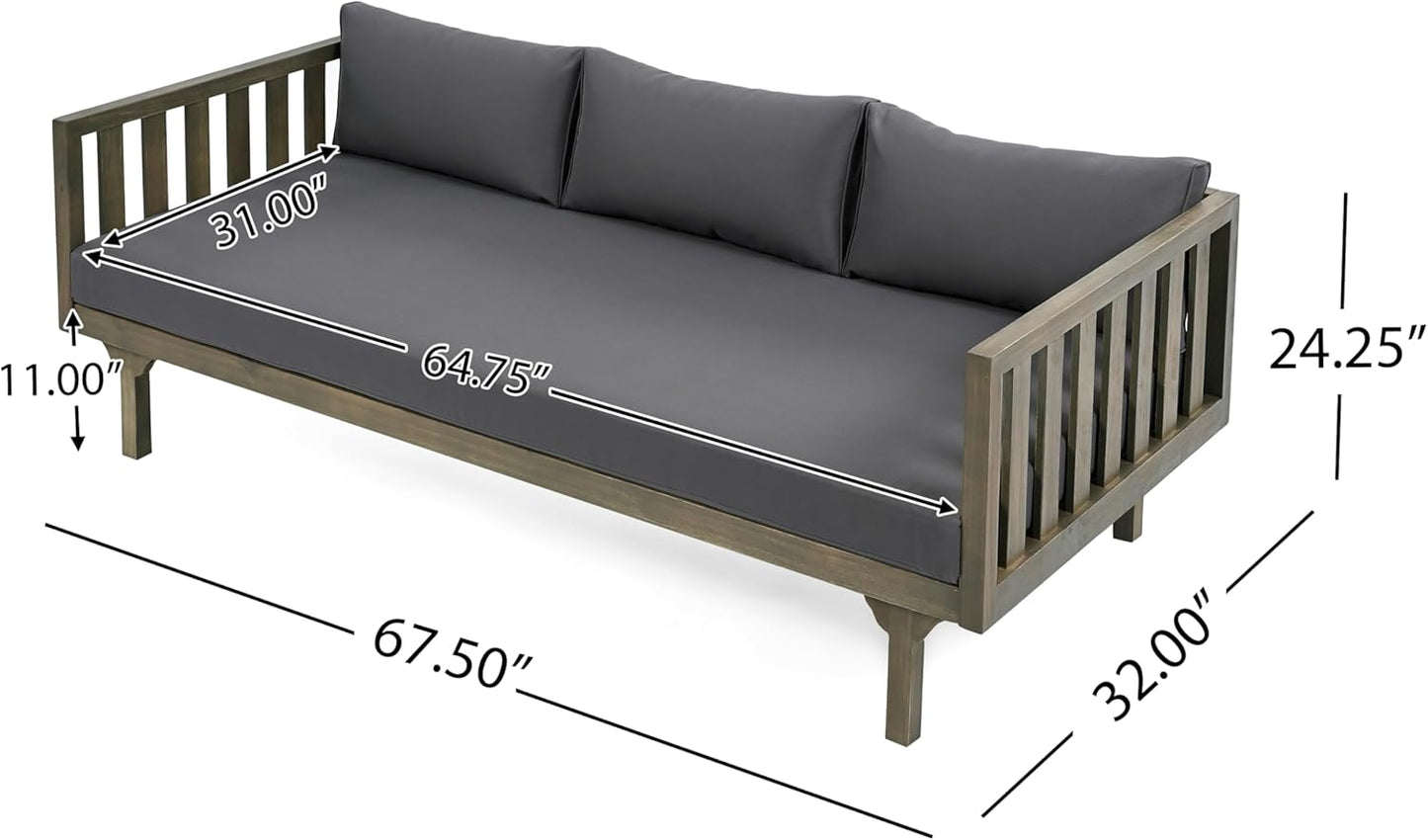 Christopher Knight Home Claremont Outdoor 3 Seater Acacia Wood Daybed with Fabric Water Resistant and Removable Cushions, Patio Garden Sofa with Slat Paneling Armrest and Back, Grey and Dark Grey