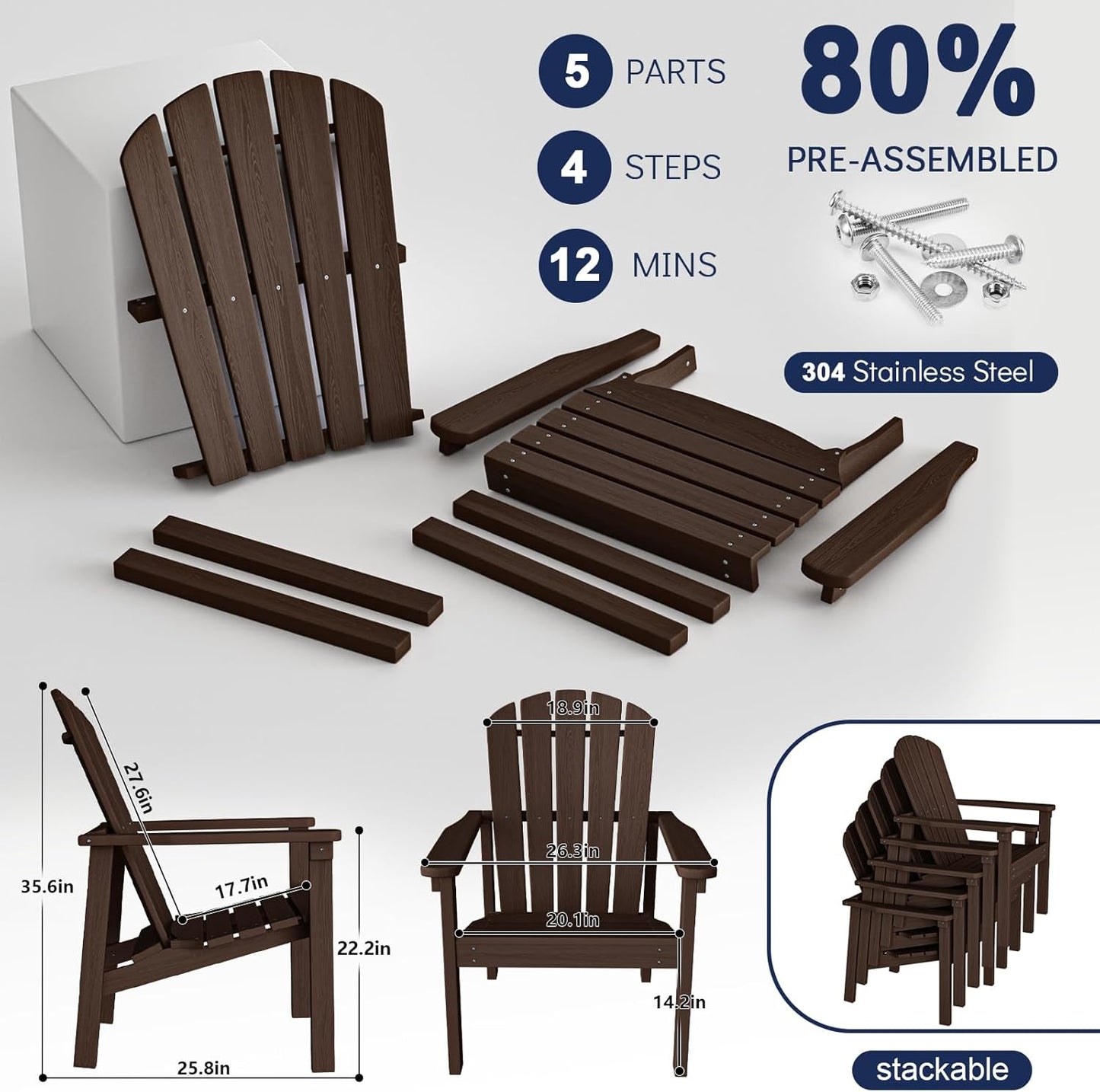 Stackable Adirondack Chair Set of 2, HDPE Outdoor Patio Chair - Durable and Space Saving, Suitable for Porches, Lawns or Garden, Coffee