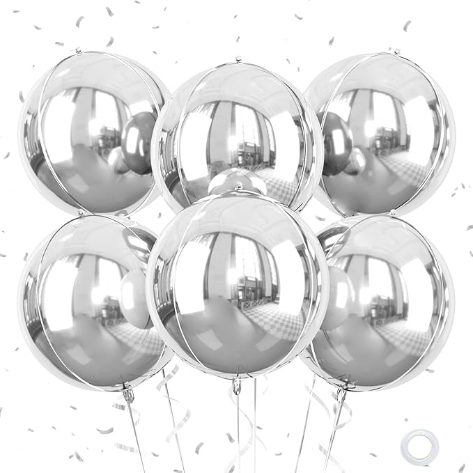 Giant 4D Foil Balloons, 6Pcs Large Metallic Silver Round Balloons, 22 Inch Big Round Foil Balloon for Silver Birthday Party Baby Shower Wedding Decorations