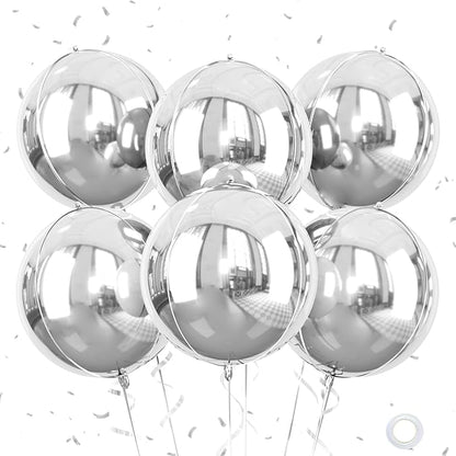 Giant 4D Foil Balloons, 6Pcs Large Metallic Silver Round Balloons, 22 Inch Big Round Foil Balloon for Silver Birthday Party Baby Shower Wedding Decorations