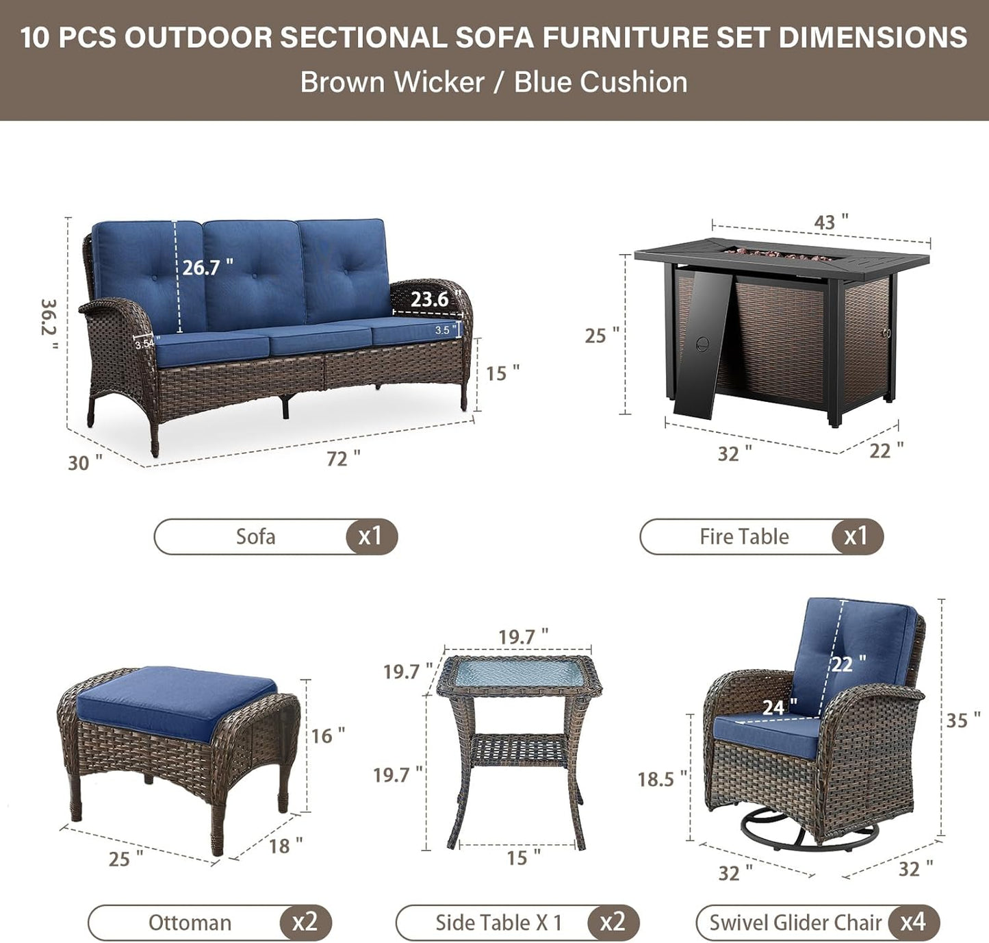 Expansive 10 Pieces Outdoor Patio Furniture Set with 43” Propane Fire Pit Table, Patio Conversation Set with Swivel Rocker Outdoor Chairs Set of 4 and Sofa, Ottoman and Wicker Side Table Brown