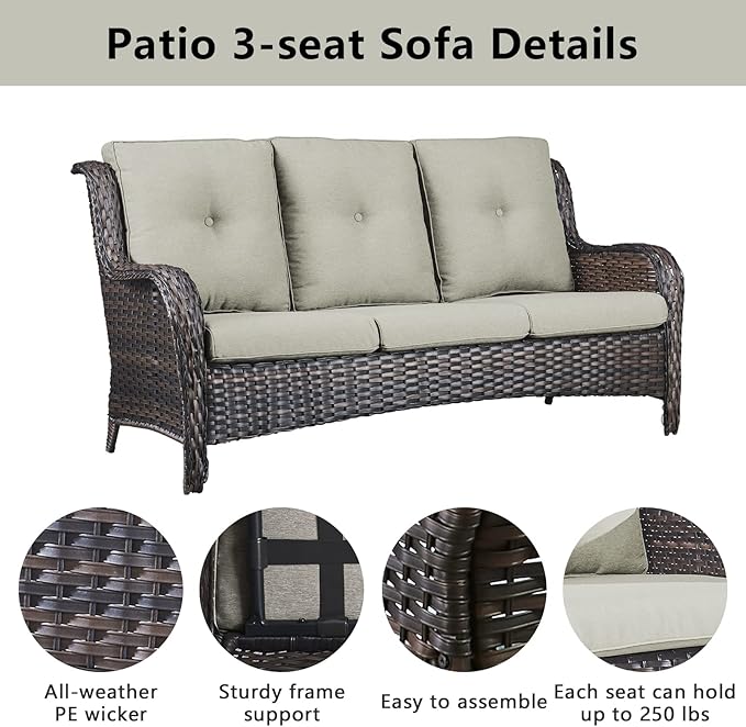 Wicker Patio Furniture Sets - 8 Piece Outdoor Rattan Furniture Conversation Sets with 4 Swivel Rocker Chairs, Rattan Sofa, Wicker Ottomans and Coffee Table, Brown/Beige