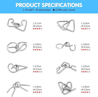 Metal Wire Puzzle 16-Piece Set with Pouch – IQ Test Brain Teaser Disentanglement Chinese Ring Fidget Toy for Kids & Adults – Portable Party Favor