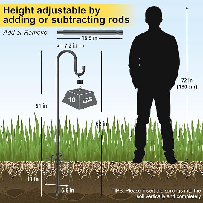 Heavy Duty Shepherd Hooks for Outdoor Decor, 62 Inch Tall Garden Hooks for Hanging Plants, Lanterns, Bird Feeders – Rust-Resistant Steel, Sturdy 5 Prongs Base – Black