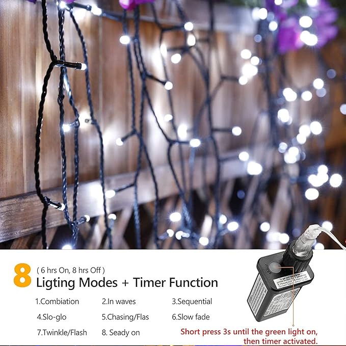 114ft Christmas String Lights - Outdoor, 300 LED Connectable with Timer, 8 Modes Tree Lights Fairy Twinkle for Garden, Wedding, Indoor/Outdoor Xmas Decor (Cool White)
