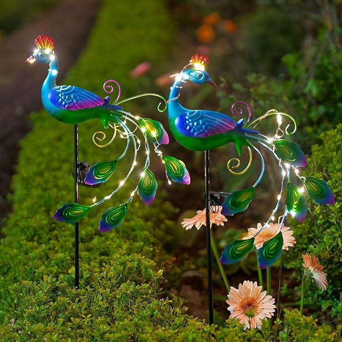 DREAMSOUL 2 Pack Peacock Solar Lights Outdoor Waterproof, Metal Outdoor Solar Lights for Yard Garden Peacock Decor