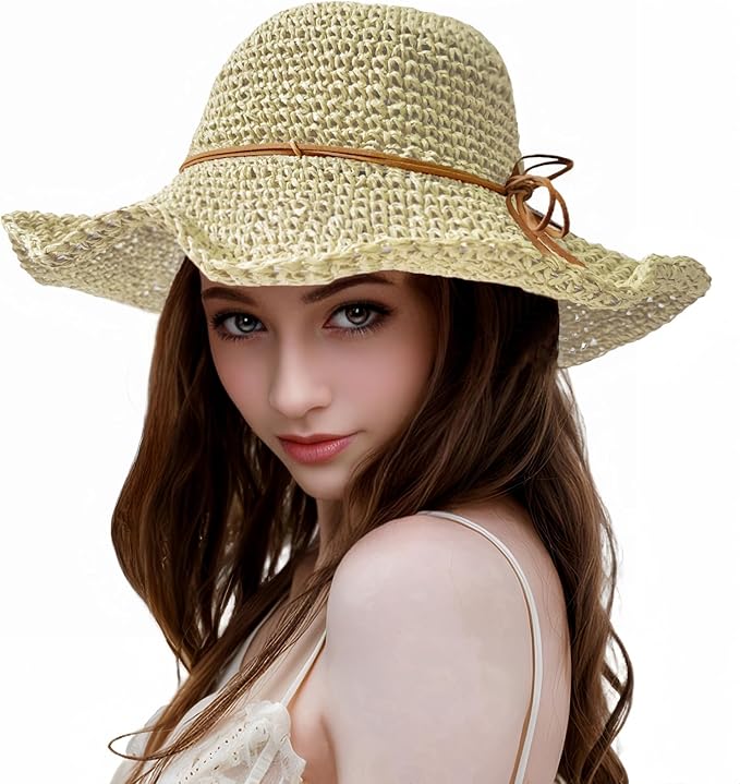 Womens Straw Beach Sun Hats, Foldable Packable Floppy Handmade Crochet Hats for Women,Large Summer Vacation Wide Brim Hat