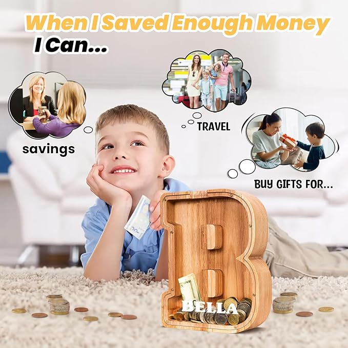 KMC Wooden Letter Piggy Bank, Personalized Initial Piggy Bank for Kids Boys, Clear Alphabet B Wood Money Box, Unbreakable Coin Saving Jar, Birthday, for Children