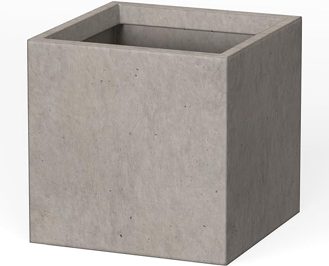 Kante 16 Inch Square Concrete Planter for Outdoor Indoor Home Patio Garden, Large Plant Pot with Drainage Hole and Rubber Plug, Weathered Concrete