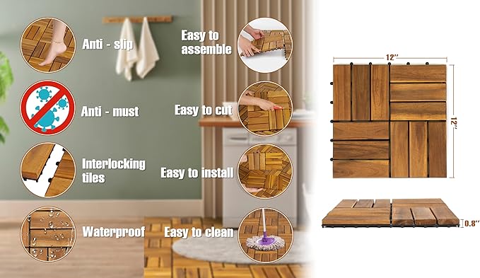 Pack of 10 Deck Tiles - 12"x12" Interlocking Natural Solid Acacia Wood for Outdoor & Indoor, Patio Garden, Balcony, Poolside - Natural Color