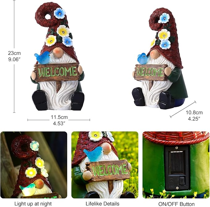 Goodeco Sitting Gnome with Welcome Sign - Garden Gnomes Outdoor with Solar Bird & LED Lights, Ideal Gifts for Mom or Women, Housewarming Gnome Decorations