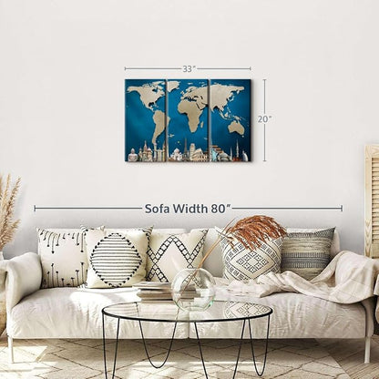 ElephantStock Ocean Blue World Map Multi Piece Canvas - 3 Panel Wall Decor - Map of the World Art - Canvas for the Office and Home - 33" X 20"