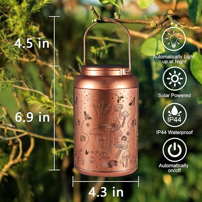Solar Lanterns Outdoor Waterproof Bee Mushroom Decoration Gifts for Women Mon Grandma Hanging Solar Lights for Outside Metal LED Lanterns for Yard, Patio, Garden Decor