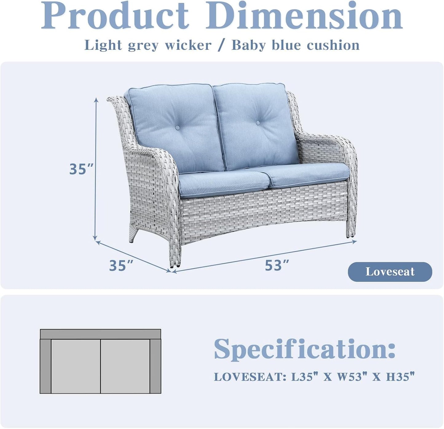Outdoor Loveseat Small Patio Furniture 2 Seater Wicker Sofa Couch Rattan Seating for Deck Porch Backyard Baby Blue Cushion