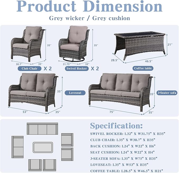 Outdoor Wicker Furniture Patio Set - 7 Piece Backyard Furniture Grey Rattan Conversation Sets with Swivel Rocker Chairs, Rattan Sofa, Club Chairs and Coffee Table, Grey Cushion