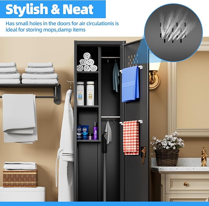 72''H Metal Broom Closet Storage Cabinet with Wheels & Pegboards, Mops Broom Closet Organizer with Locking Door & Hanging Rod,Cleaning Tool Garage Storage Cabinet,Assembly Required,Black