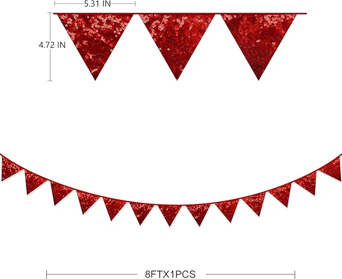 Pinkblume Red Decorations Double Sided Sequin Fabric Triangle Pennant Banner Flag Bunting Garland for Theme Nursery Classroom Home Bedroom Wall Valentines Day Holiday Christmas Decor