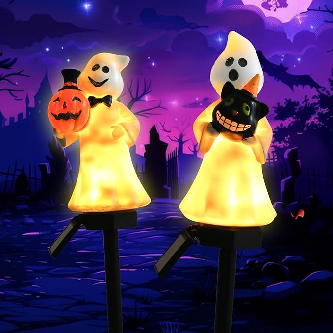 Halloween Decorations – Set of 2 Solar-Powered Ghost Decor with LED Lights, Weather-Resistant Outdoor Lighting for Garden, Pathways, and Parties