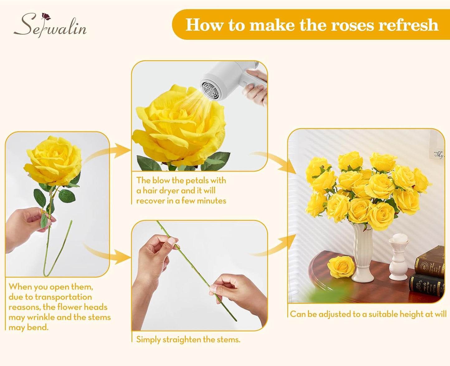 Serwalin 20pcs Artificial Yellow Roses, 4''Big Velvet Flower Head Fake Roses, Realistic Silk Roses Real Touch Bouquet Long Stems for Mother, Wedding Home Decor and Table Centerpiece