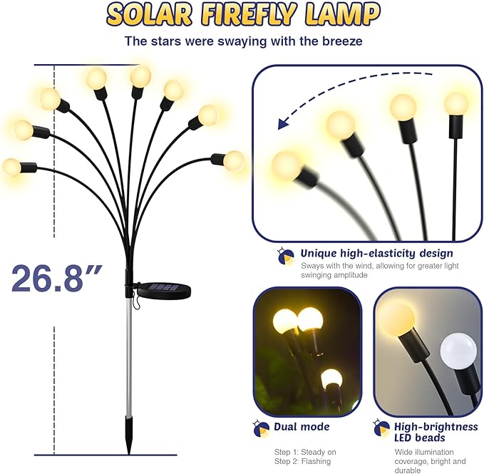 Solar Firefly Lights 4 Pack 32 LED Lights 2 Lighting Modes for Garden, Patio and Yard Solar-Powered LED Lights (Warm White)