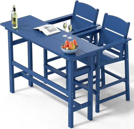 Bar Height Patio Table and Chairs Set, HDPE Outdoor Adirondack Bar Chairs and Table, All-Weather Patio Furniture for Poolside, Backyard, Garden, High Top Patio Bar Set (Navy Blue, 3-Piece)