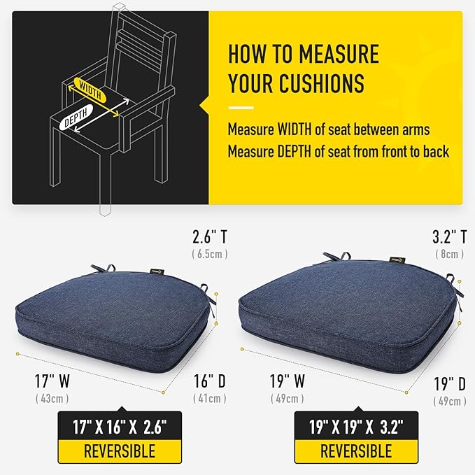 SUNROX Gel Memory Foam Chair Cushions, FadeShield Water-, Stain-Resistant Durable Reversible Seat Cushion Pads with Ties for Indoor/Outdoor Kitchen Dining Office, 19"x19", Set of 4, Heather Indigo