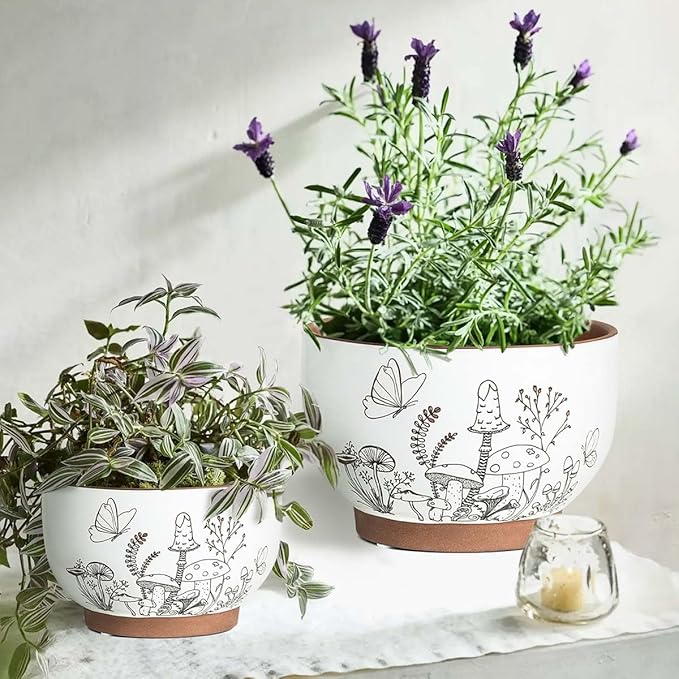 YBX 8 Inch & 6 Inch Terracotta Pots, Plant Pots Indoor, Flower Pots for Indoor Plants with Drainage, Planters with Mushroom Accent for Indoor Plants (Cottage)