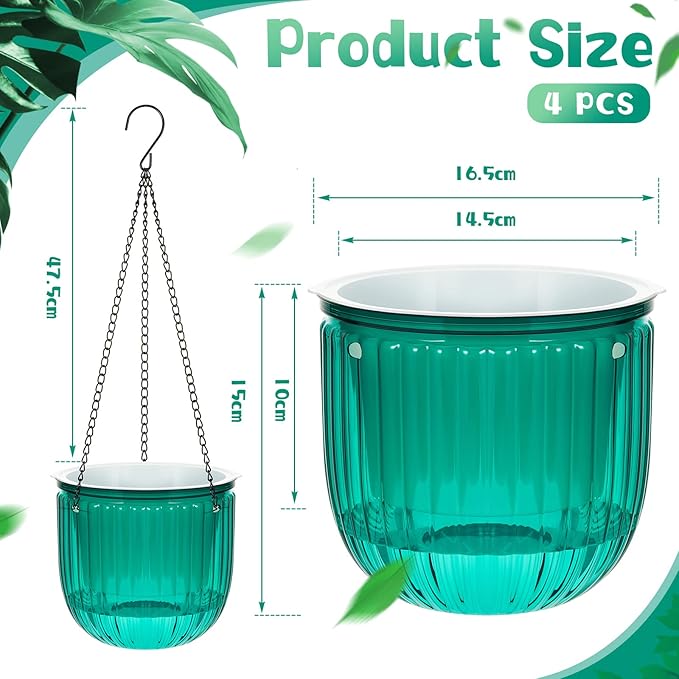 Meanplan 4 Pcs Self Watering Hanging Planter Indoor 6.5 Inch Hanging Baskets for Plants Outdoor Plastic Flower Pot with 3 Hooks Chains Drainage Holes for Garden Home, Medium Size(Emerald)