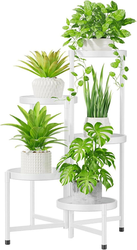 iDavosic.ly 5 Tier Large Plant Stand Indoor with 10 Inch Wide Tray, Tiered Corner Metal Outdoor Flower Display Holder Shelf, Folding Tall Rack for Patio Porch Living Room, White