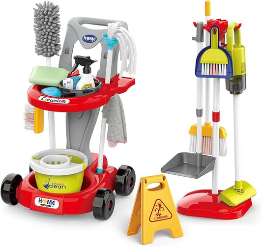 Kids Cleaning Set for Toddlers Pretend Play Housekeeping Supplies Kits with Real Working Vacuum Cleaner, Broom, Spray Bottle, Dust Pan and More Role Play Educational Toys for Toddler Boys Girls (Red)