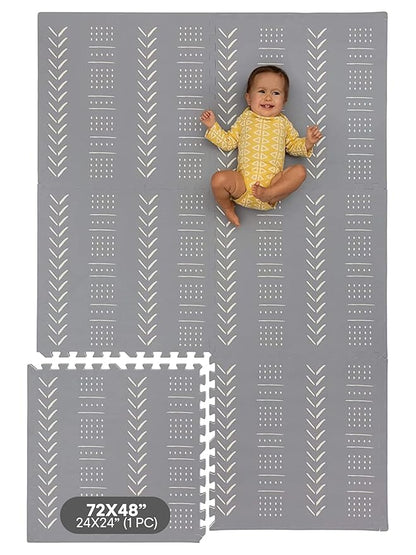 Childlike Behavior Baby Play Mat - 72x48-Inch Tummy Time Mat - 6-Piece Interlocking Foam Floor Tiles for Toddlers - Soft Waterproof for Floor Play and Crawling - Grey