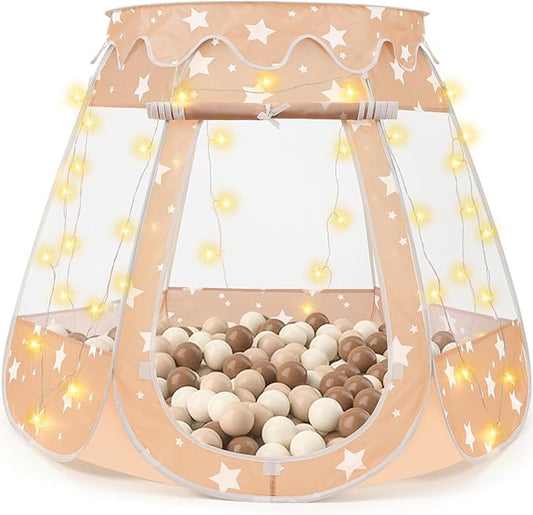 Pop Up Princess Tent with Star Light, Toys for Year Old Girl Birthday Gift, Ball Pit for Toddler Girl Toys, Easy to Pop Up and Assemble(Brown)