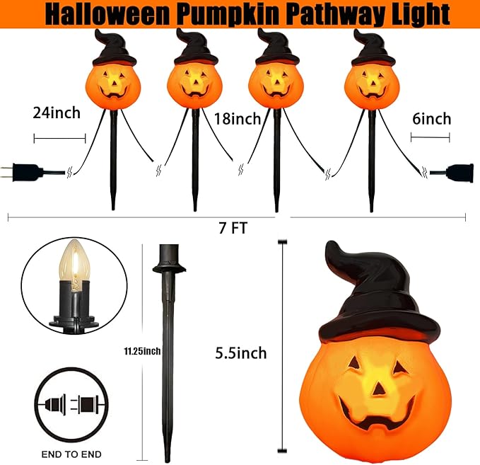Halloween Decorations Wizard Hat Pumpkin Outdoor String Lights, 4 Pack Halloween Pumpkin Hat Pathway Marker Stake Lights with 4 C7 LED Bulbs for Outdoor Halloween Party Garden Garden Lawn Walkway
